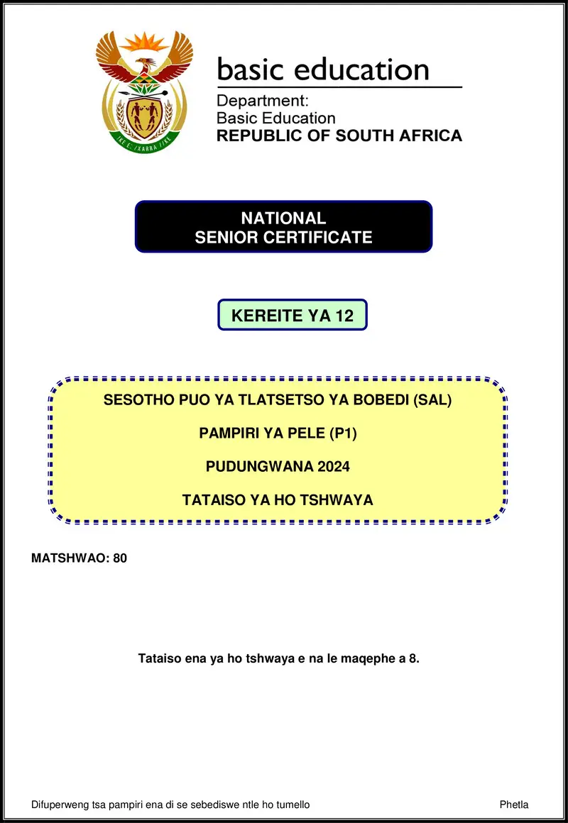 Grade 12 Sesotho past paper 2024 – sesotho sal p1 nov 2024 mg gr12