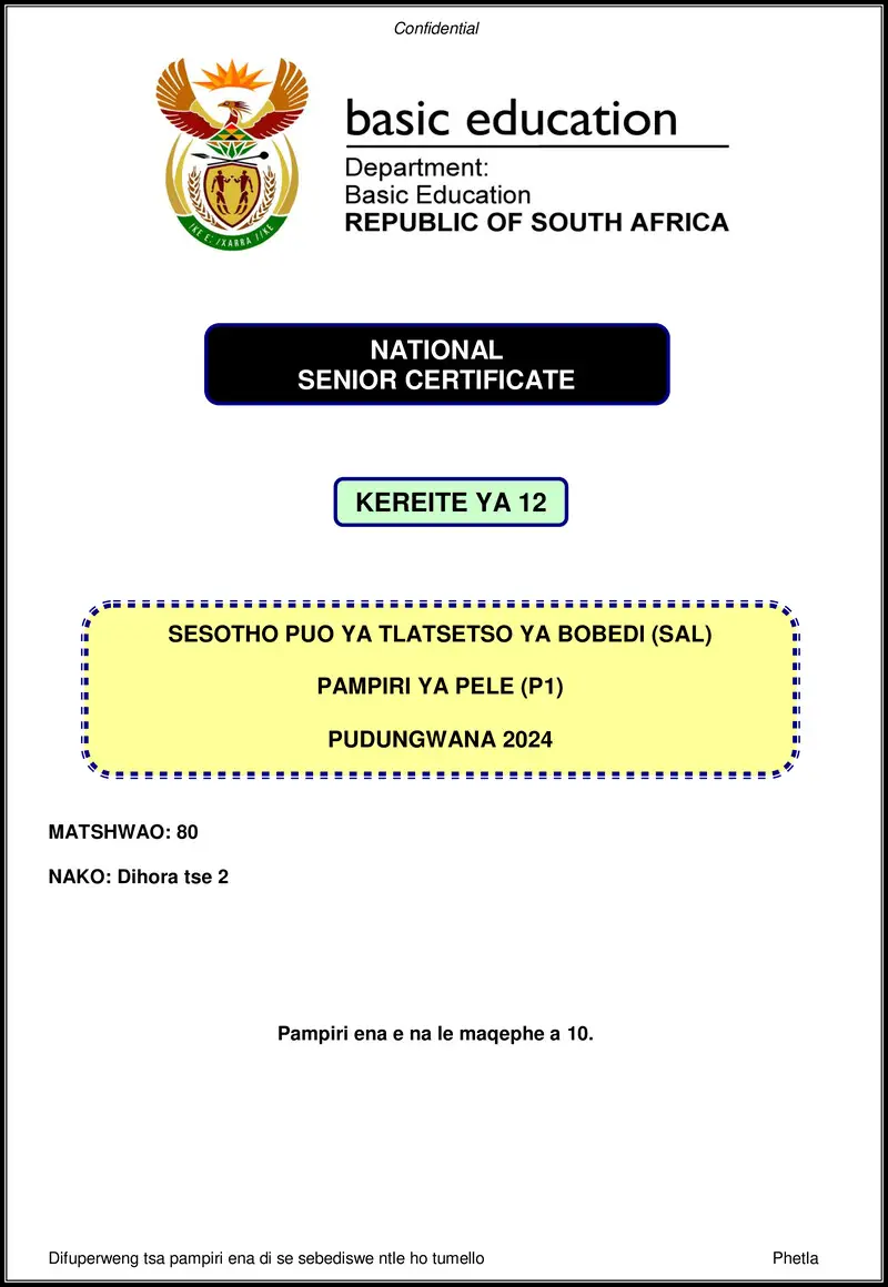 Grade 12 Sesotho past paper 2024 – sesotho sal p1 nov 2024 gr12
