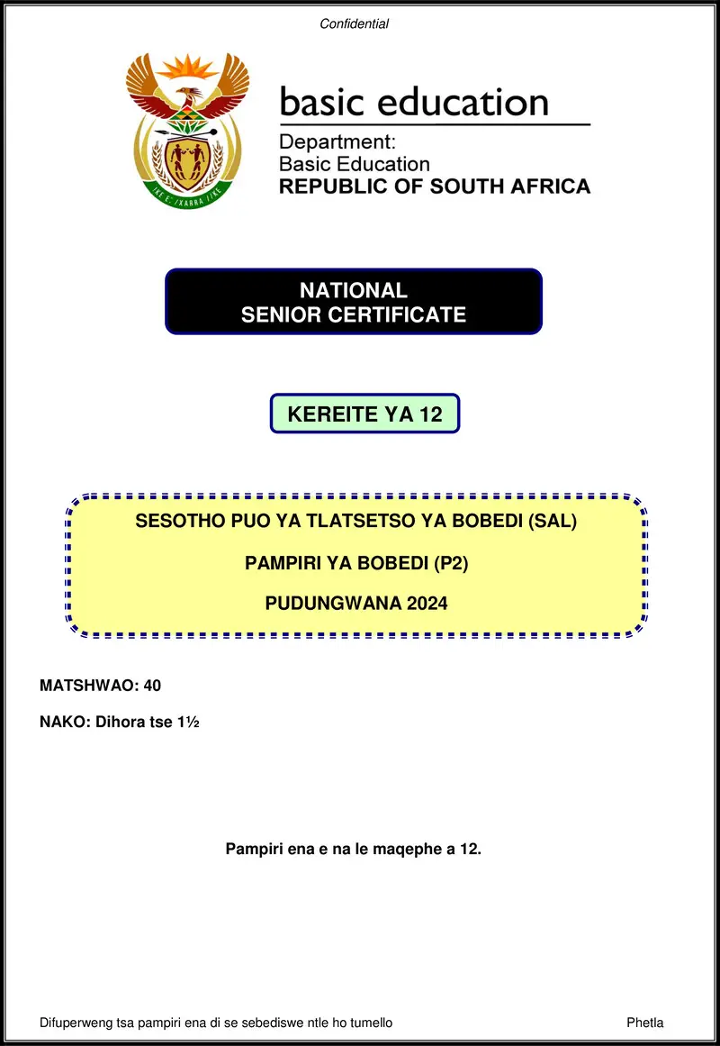 Grade 12 Sesotho past paper 2024 – sesotho sal p2 nov 2024 gr12