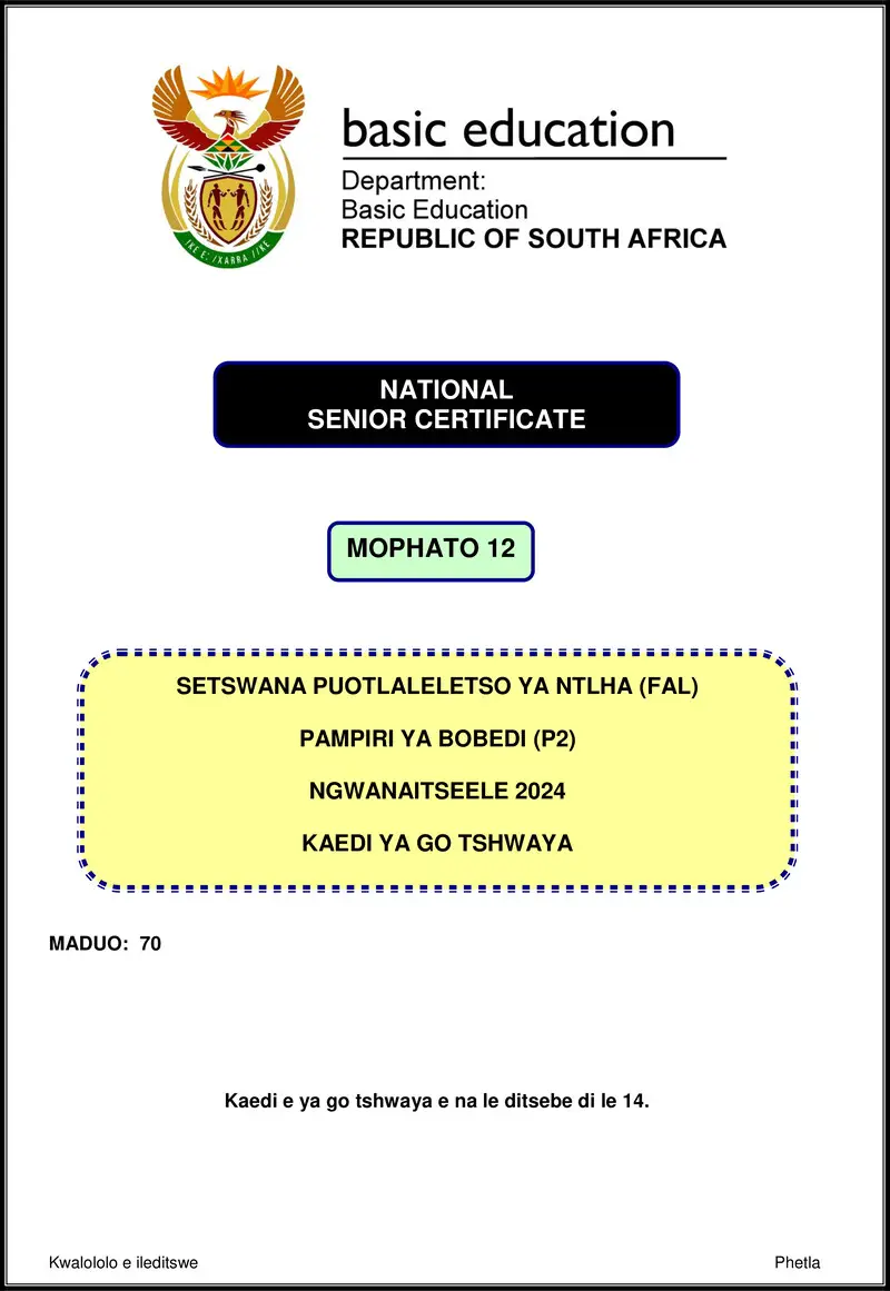 Grade 12 Setswana past paper 2024 – setswana fal p2 nov 2024 mg gr12