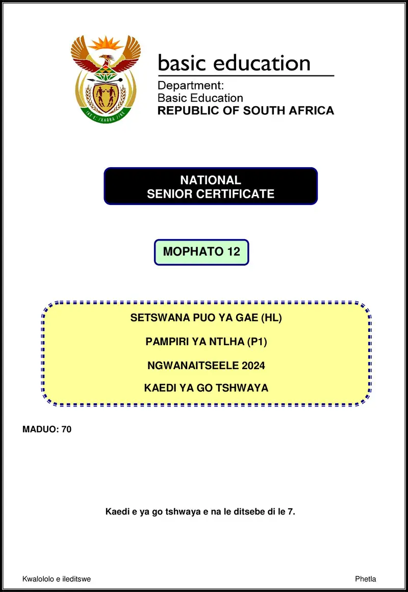 Grade 12 Setswana past paper 2024 – setswana hl p1 nov 2024 mg gr12