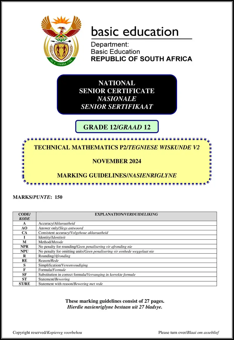 Grade 12 Mathematics past paper 2024 – technical mathematics p2 nov 2024 mg afr eng gr12