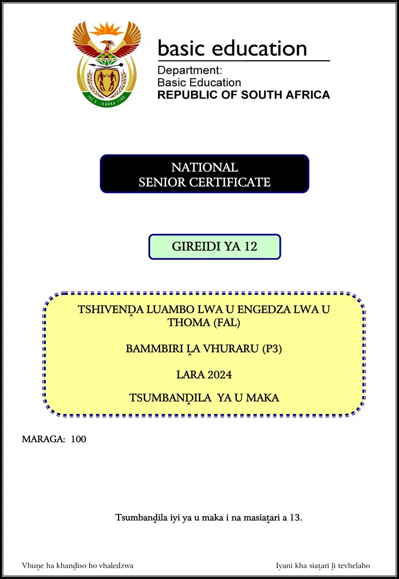 Grade 12 Tshivenda past paper 2024 – tshivenda fal p3 nov 2024 mg gr12