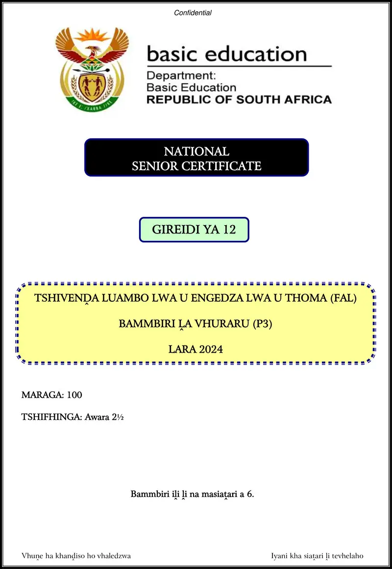 Grade 12 Tshivenda past paper 2024 – tshivenda fal p3 nov 2024 gr12