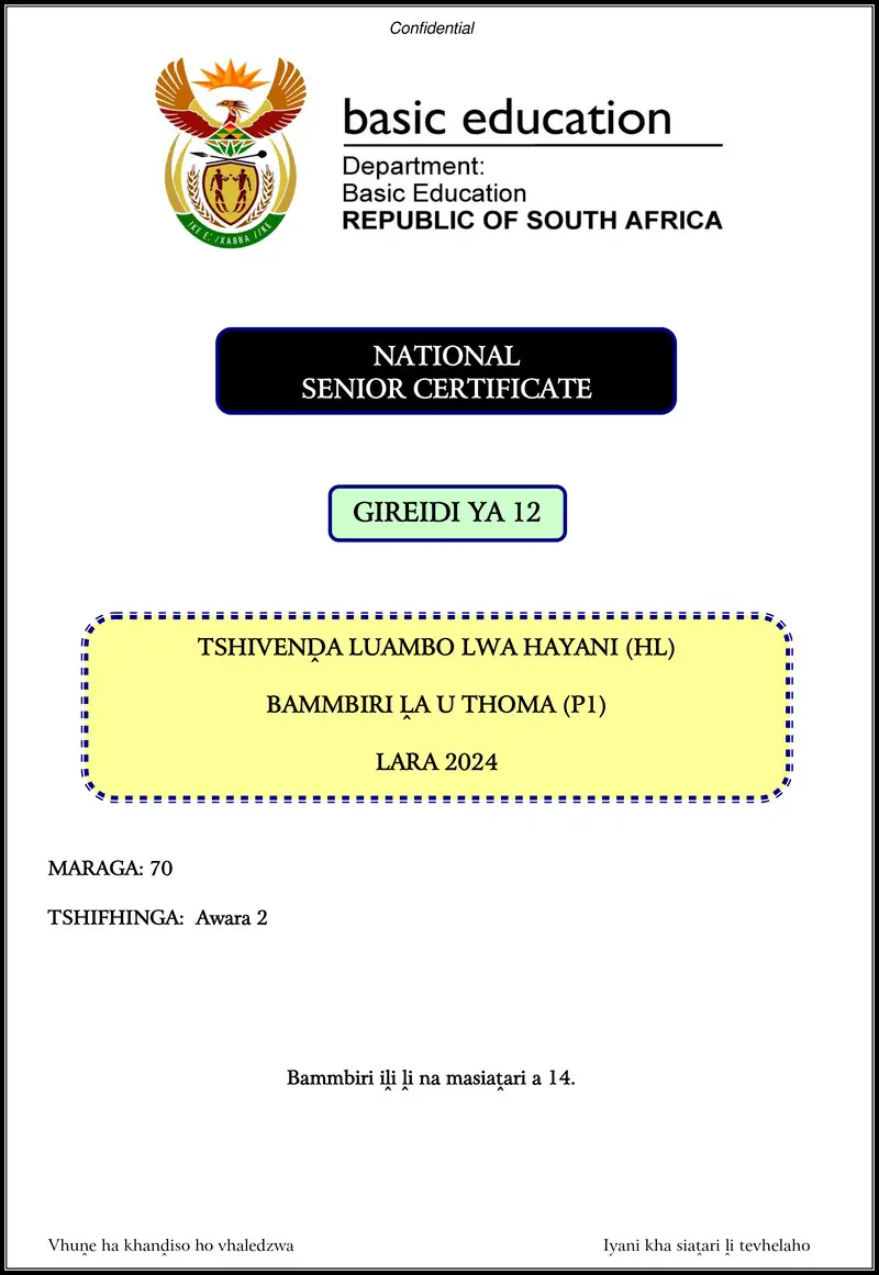 Grade 12 Tshivenda past paper 2024 – tshivenda hl p1 nov 2024 gr12