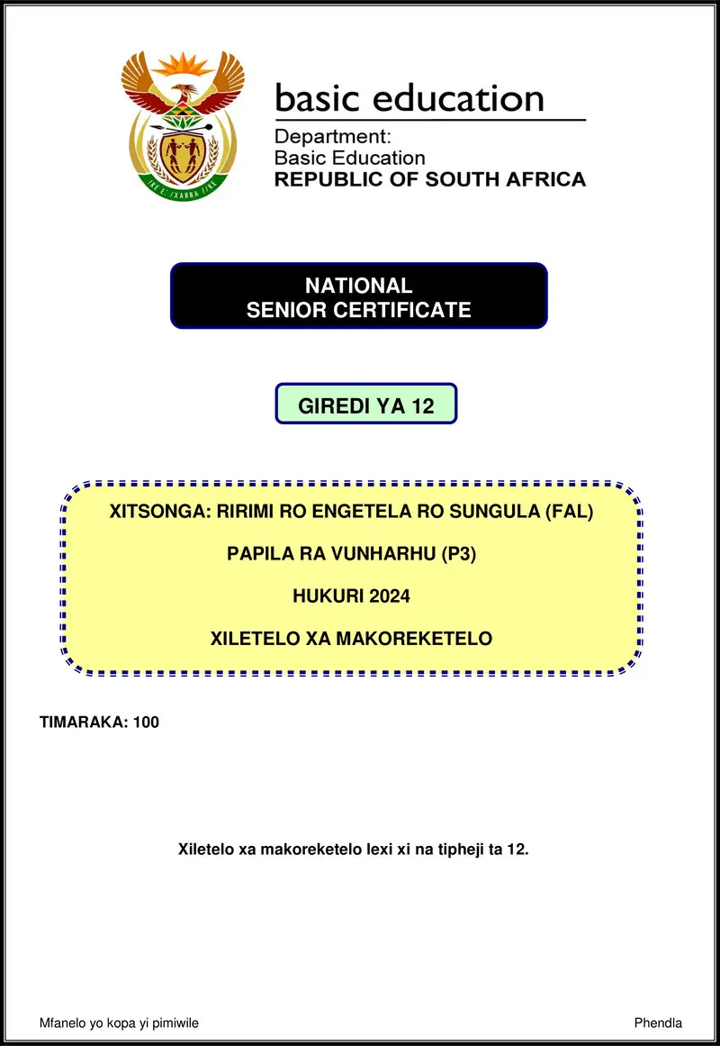 Grade 12 Xitsonga past paper 2024 – xitsonga fal p3 nov 2024 mg gr12