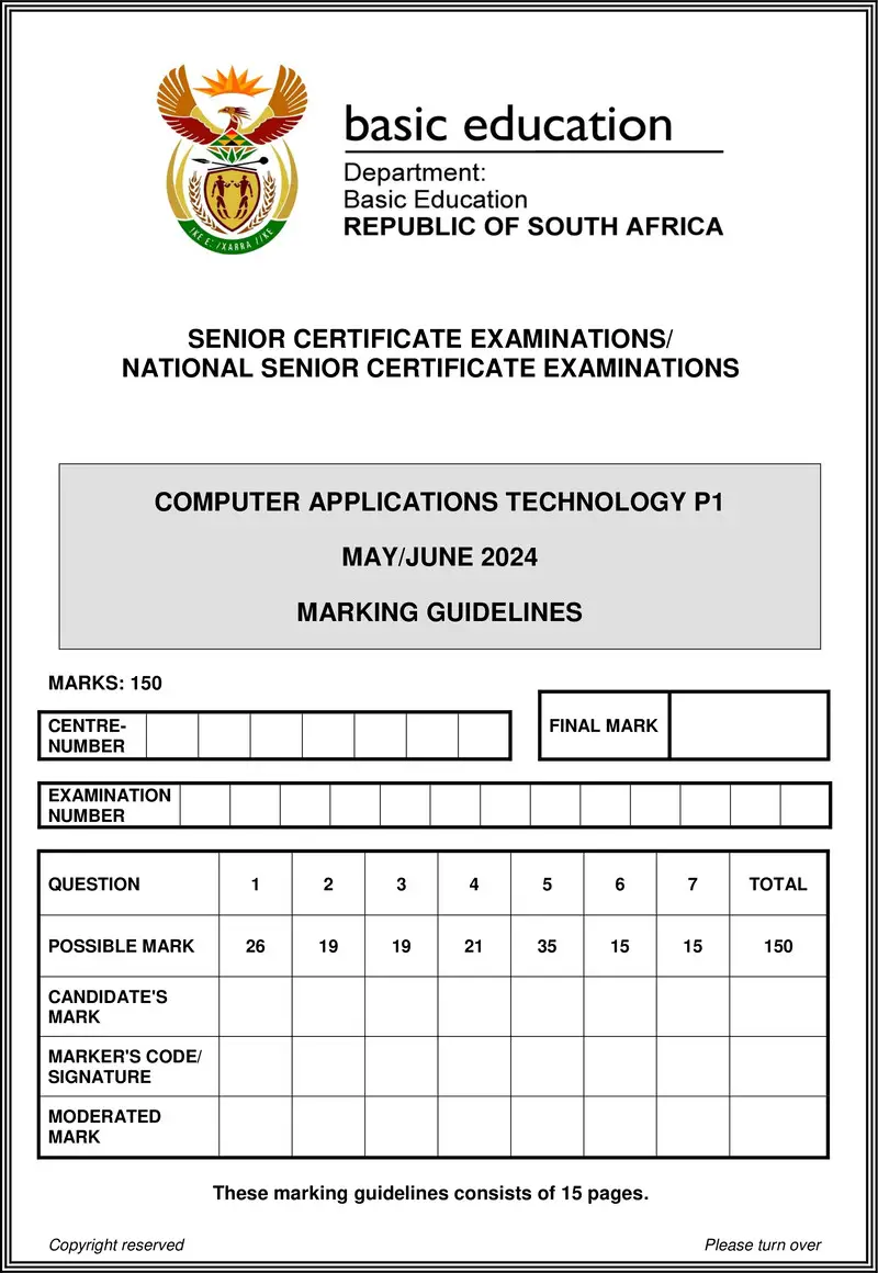 Grade 12 Computer Applications Technology past paper 2024 – computer applications technology p1 may june 2024 mg eng gr12
