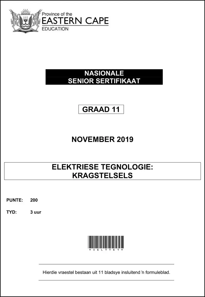 Grade 12 Elektriese Tegnologie past paper 2019 – electr tech qp power systems afr d gr12