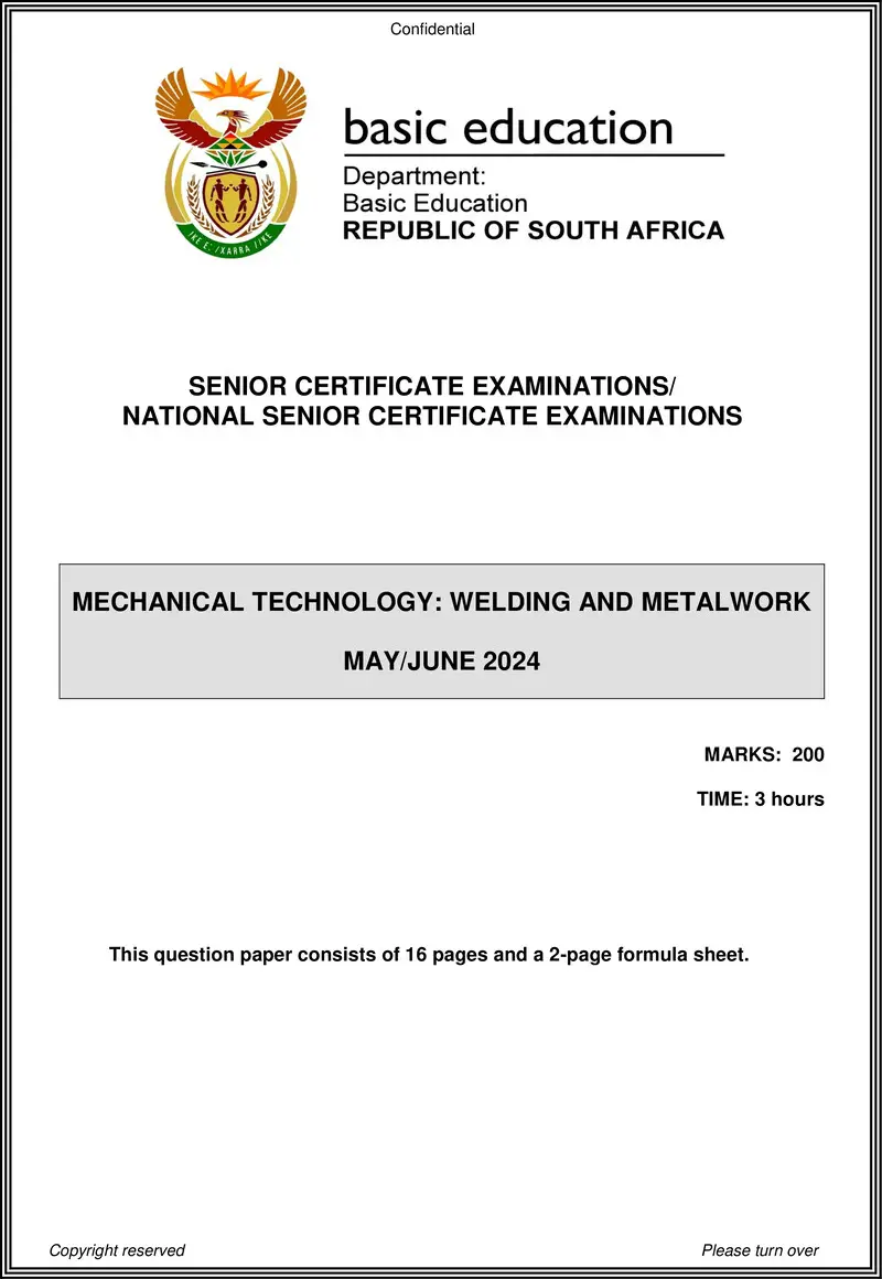 Grade 12 Mechanical Technology past paper 2024 – mechanical technology may june 2024 welding and metalwork eng gr12