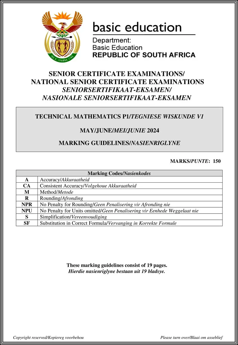Grade 12 Mathematics past paper 2024 – technical mathematics p1 may june 2024 mg eng afr gr12
