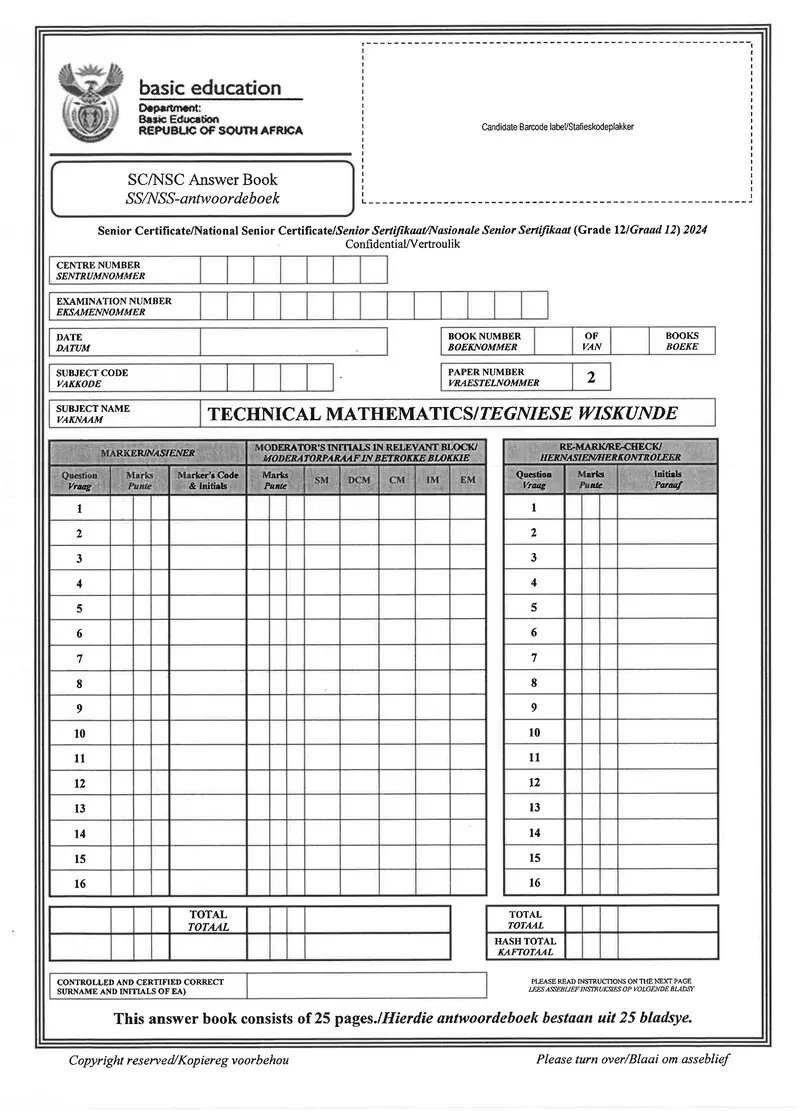 Grade 12 Mathematics past paper 2024 – technical mathematics p2 may june 2024 answer book afr eng gr12