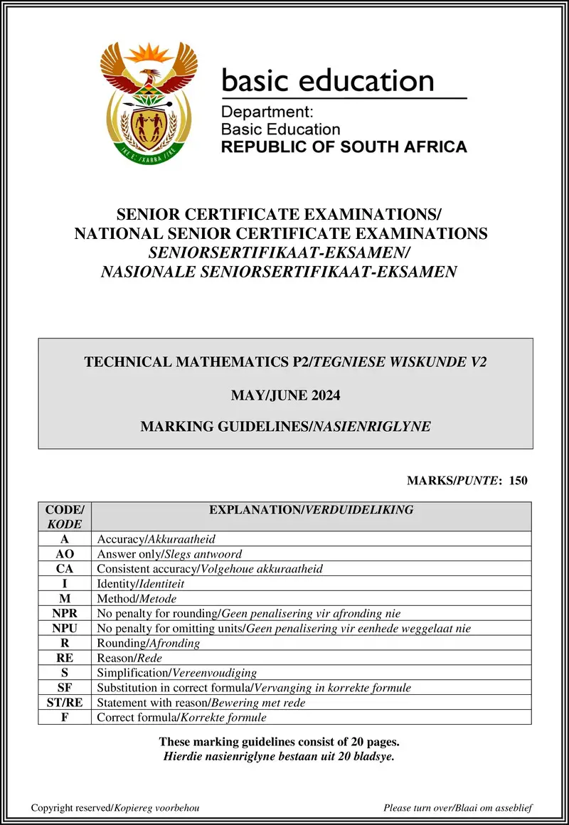Grade 12 Mathematics past paper 2024 – technical mathematics p2 may june 2024 mg afr eng gr12