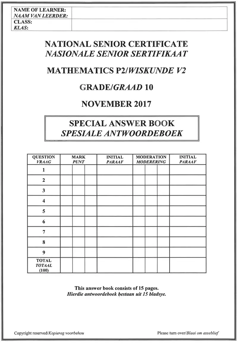 Grade 10 Mathematics past paper 2017 – grade 10 mathematics p2 ng and afr november 2017 answer book