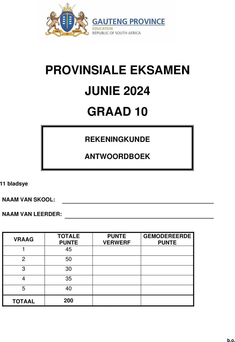 Grade 10 Accounting past paper 2024 – grade 10 provincial exam accounting afr june 2024 answer book 1