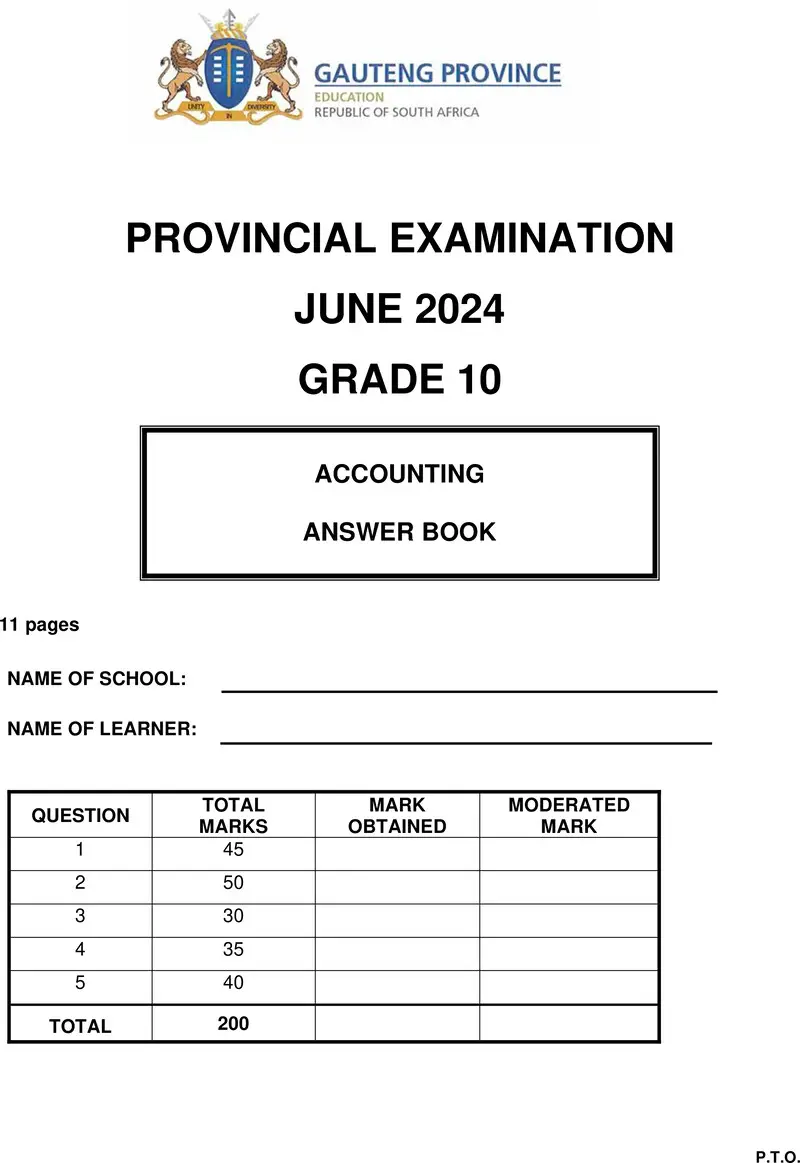 Grade 10 Accounting past paper 2024 – grade 10 provincial exam accounting ng june 2024 answer book 1
