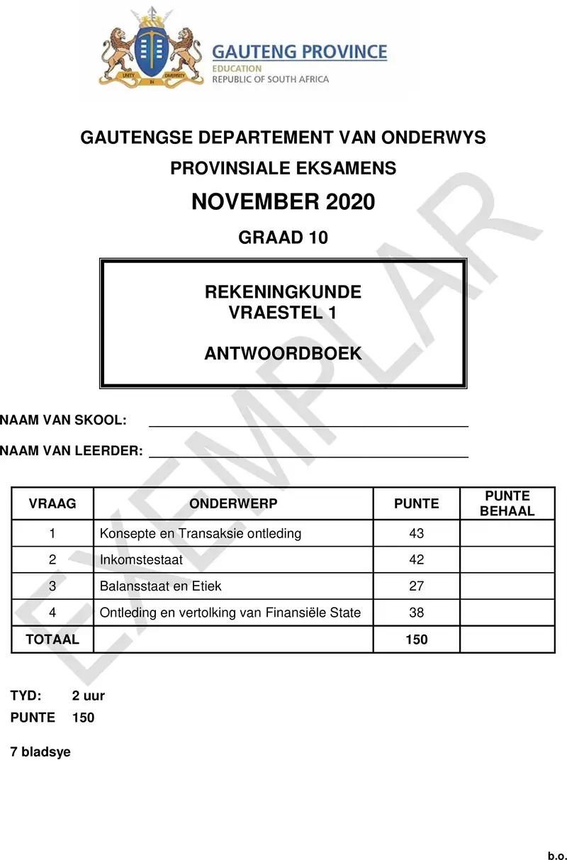 Grade 10 Accounting past paper 2020 – grade 10 provincial exam accounting p1 afr 2020 exemplars answer book