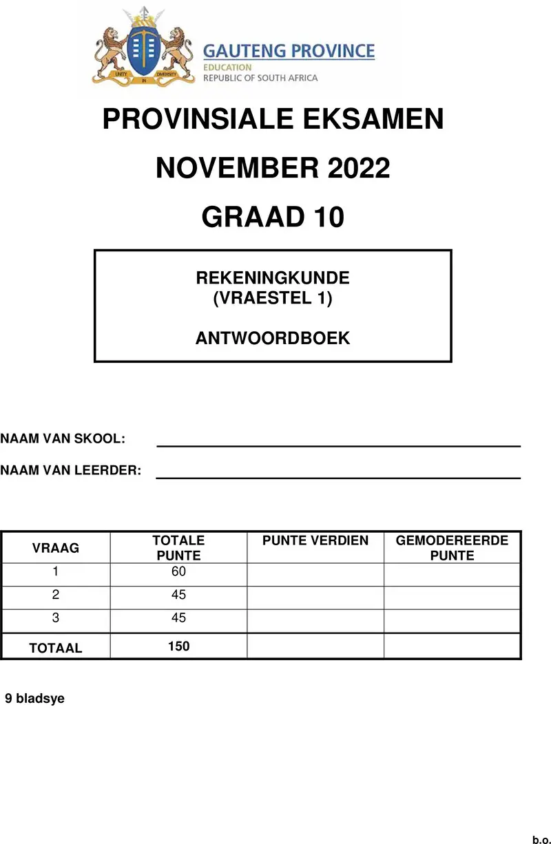 Grade 10 Accounting past paper 2022 – grade 10 provincial exam accounting p1 afr november 2022 answer book