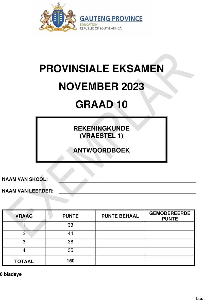 Grade 10 Accounting past paper 2023 – grade 10 provincial exam accounting p1 afr november 2023 answer book