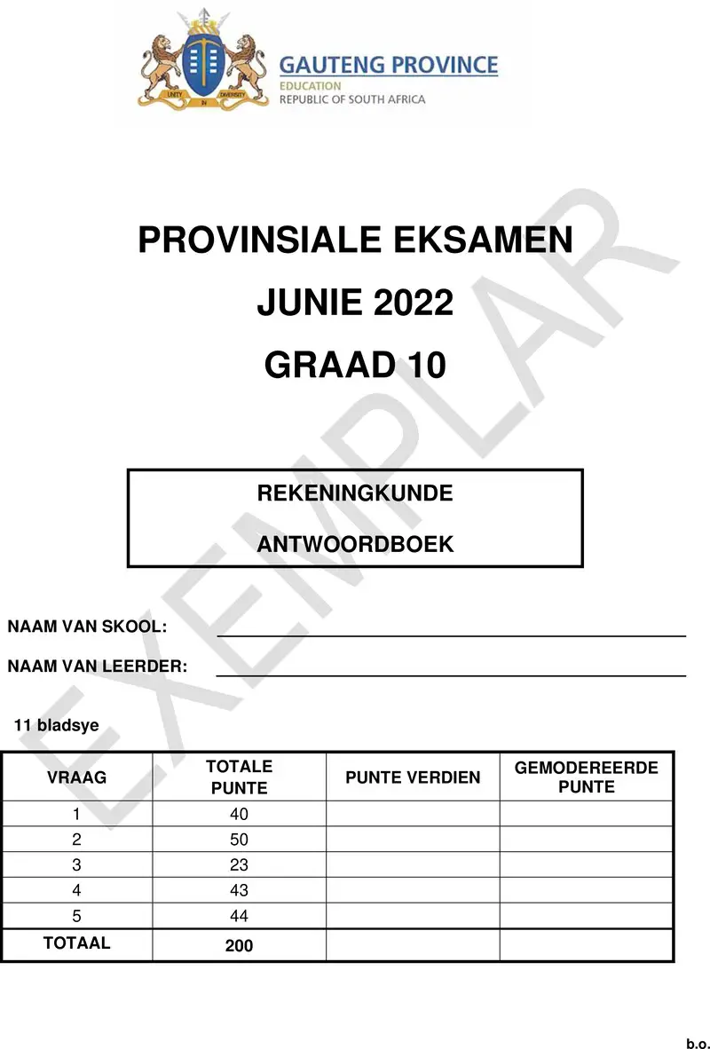 Grade 10 Accounting past paper 2022 – grade 10 provincial exam accounting p1 afikaans june 2022 answer book