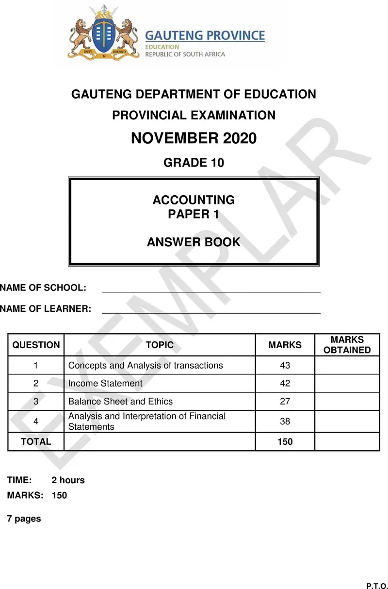 Grade 10 Accounting past paper 2020 – grade 10 provincial exam accounting p1 ng 2020 exemplars answer book