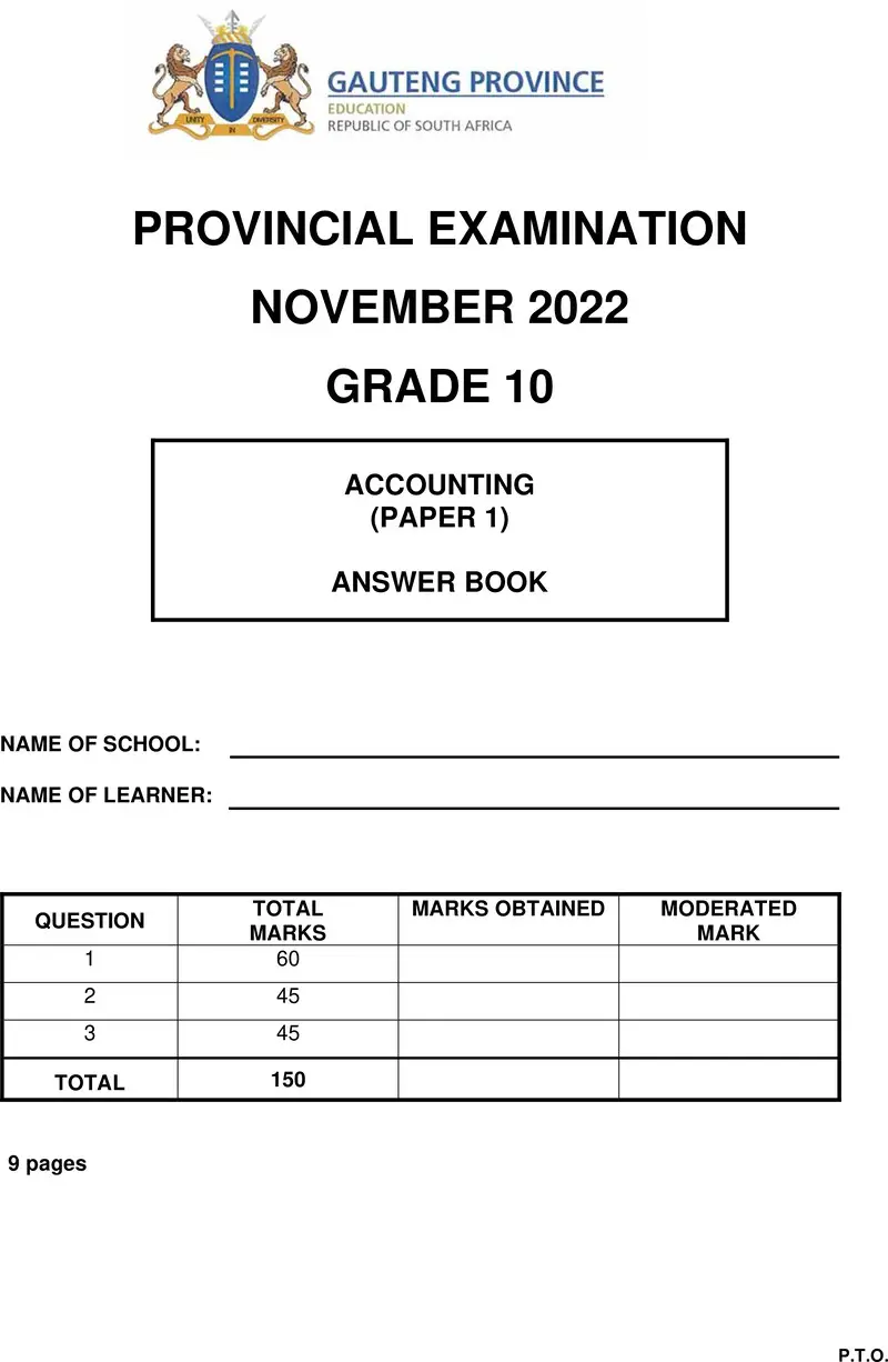 Grade 10 Accounting past paper 2022 – grade 10 provincial exam accounting p1 ng november 2022 answer book