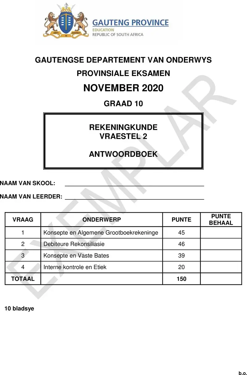 Grade 10 Accounting past paper 2020 – grade 10 provincial exam accounting p2 afr 2020 exemplars answer book