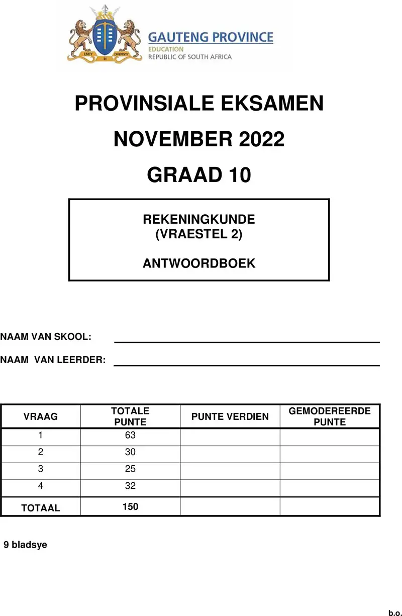Grade 10 Accounting past paper 2022 – grade 10 provincial exam accounting p2 afr november 2022 answer book