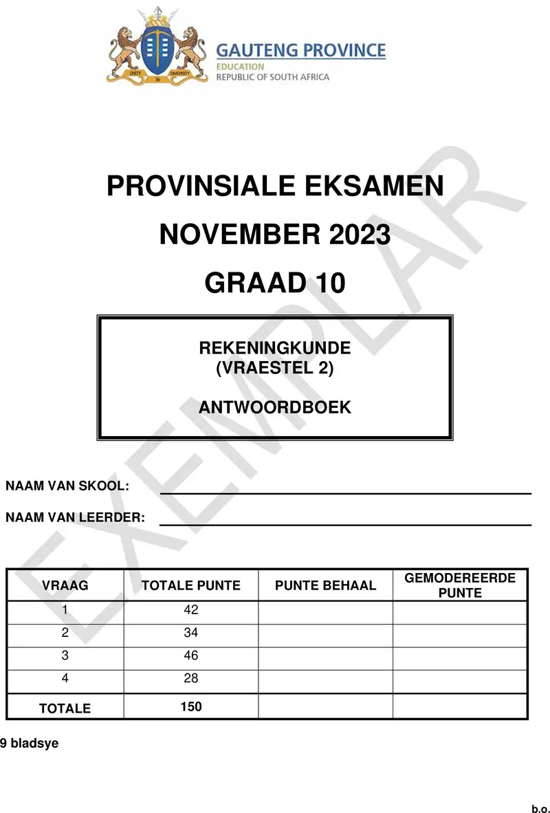 Grade 10 Accounting past paper 2023 – grade 10 provincial exam accounting p2 afr november 2023 answer book