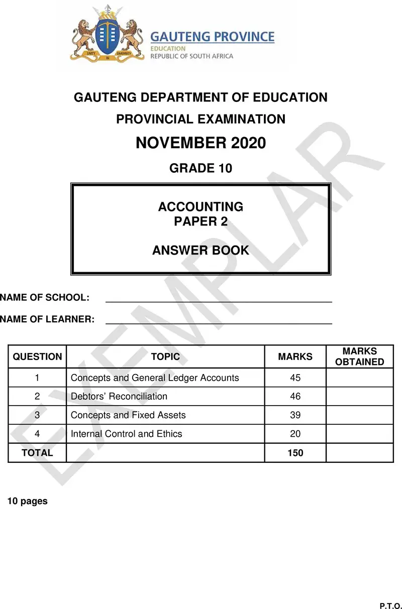 Grade 10 Accounting past paper 2020 – grade 10 provincial exam accounting p2 ng 2020 exemplars answer book