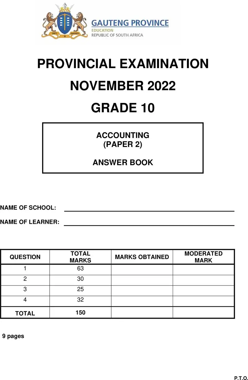 Grade 10 Accounting past paper 2022 – grade 10 provincial exam accounting p2 ng november 2022 answer book