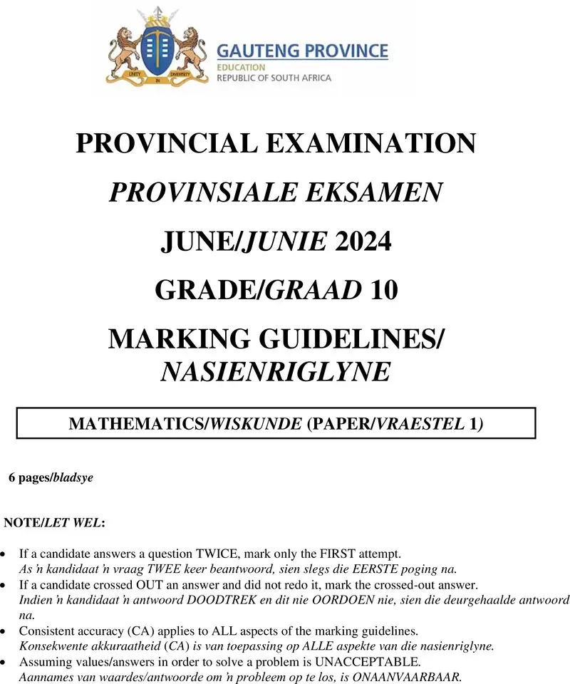 Grade 10 Mathematics past paper 2024 – grade 10 provincial exam mathematics p1 ng and afr june 2024 possible answers