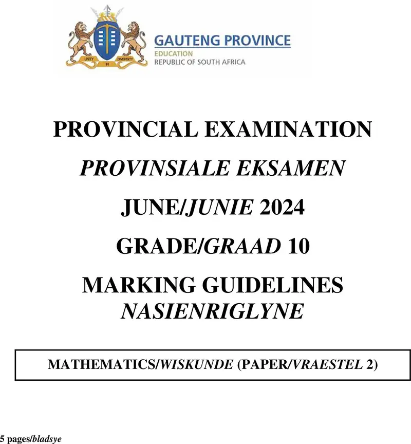 Grade 10 Mathematics past paper 2024 – grade 10 provincial exam mathematics p2 ng and afr june 2024 possible answers