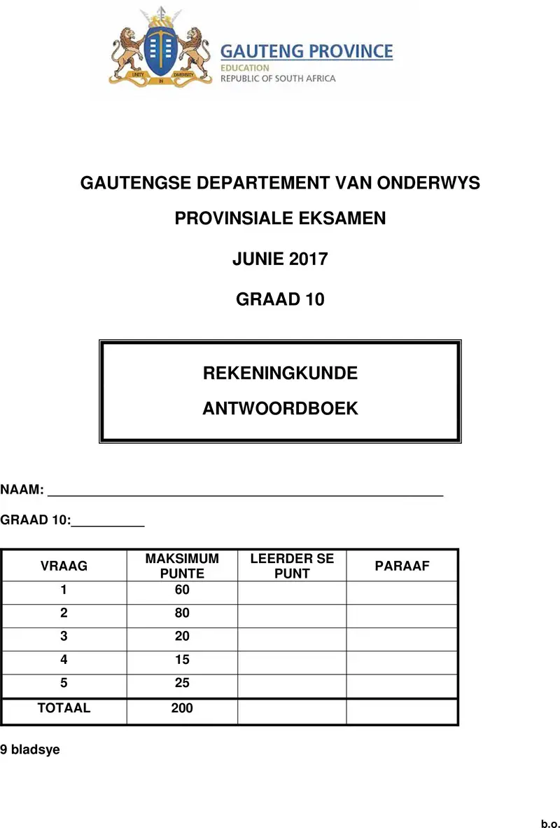 Grade 10 Accounting past paper 2017 – grade 10 provincial exam accounting afr june 2017 answer book