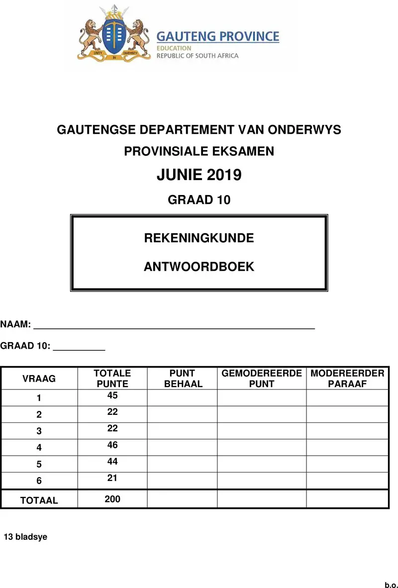Grade 10 Accounting past paper 2019 – grade 10 provincial exam accounting afr june 2019 answer book