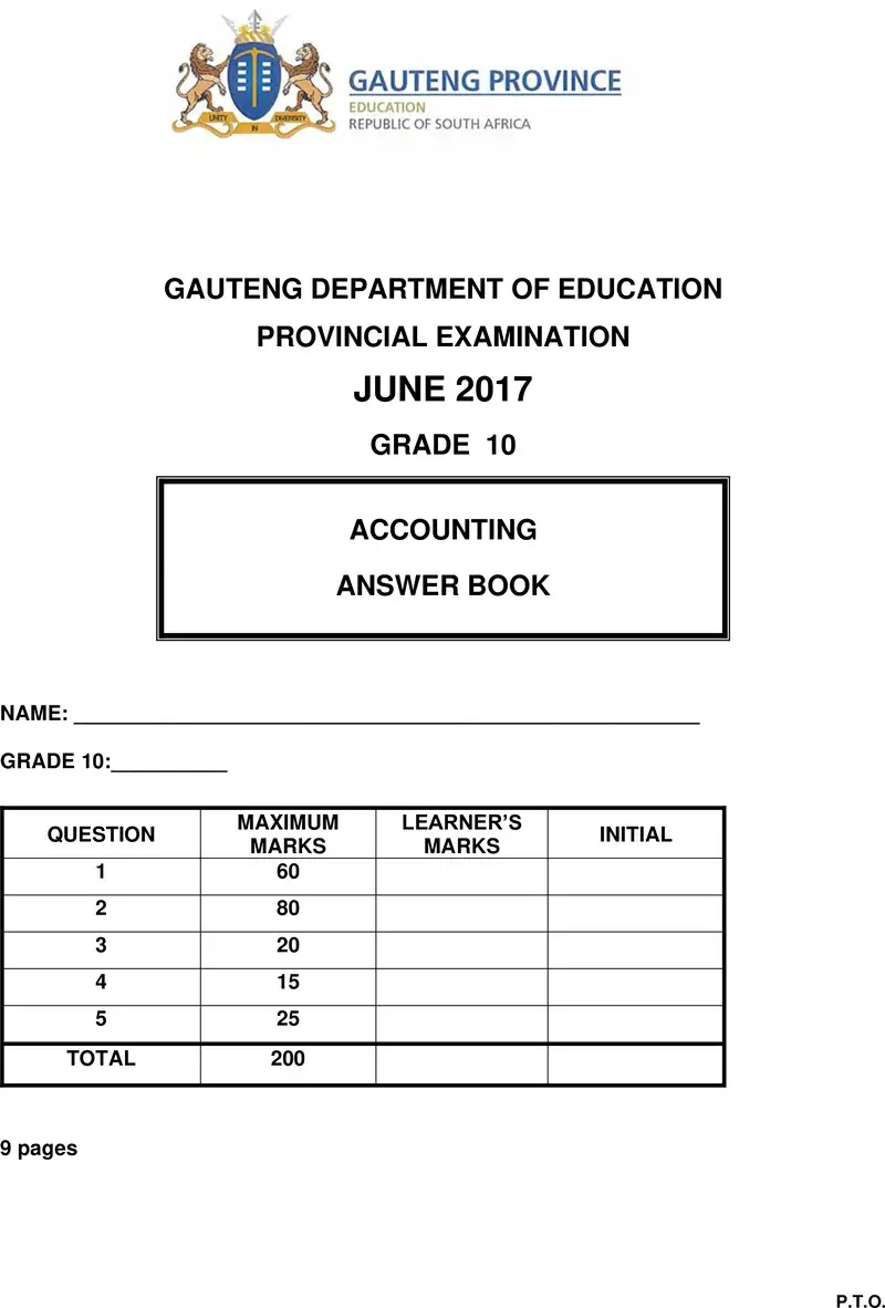 Grade 10 Accounting past paper 2017 – grade 10 provincial exam accounting june 2017 answer book