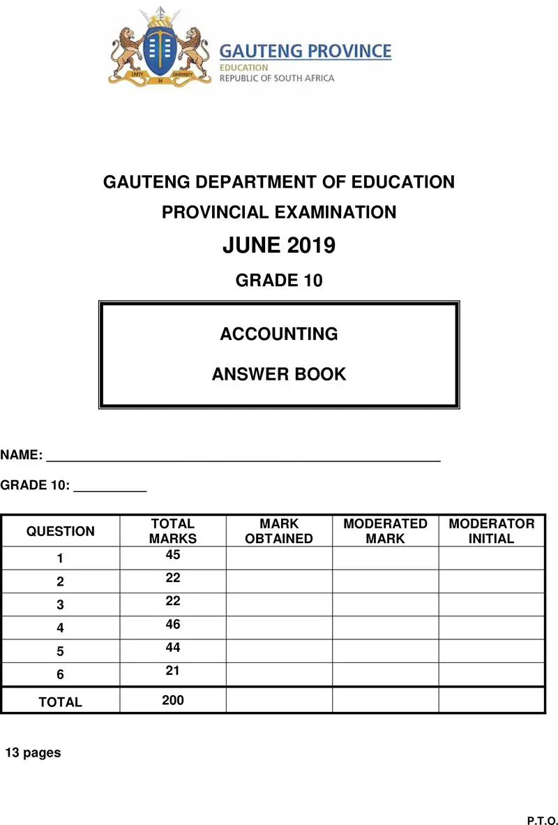 Grade 10 Accounting past paper 2019 – grade 10 provincial exam accounting ng june 2019 answer book
