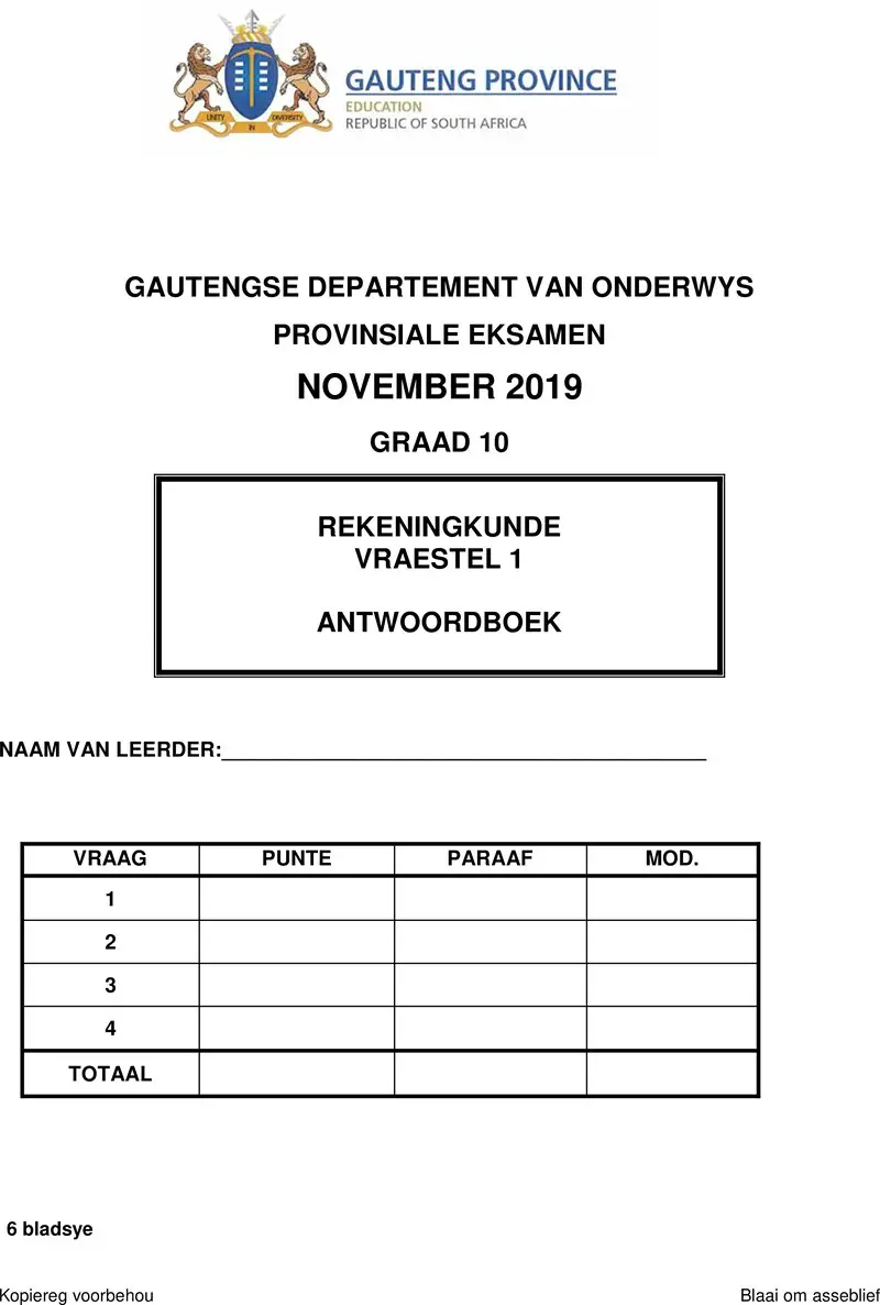 Grade 10 Accounting past paper 2019 – grade 10 provincial exam accounting p1 afr november 2019 answer book