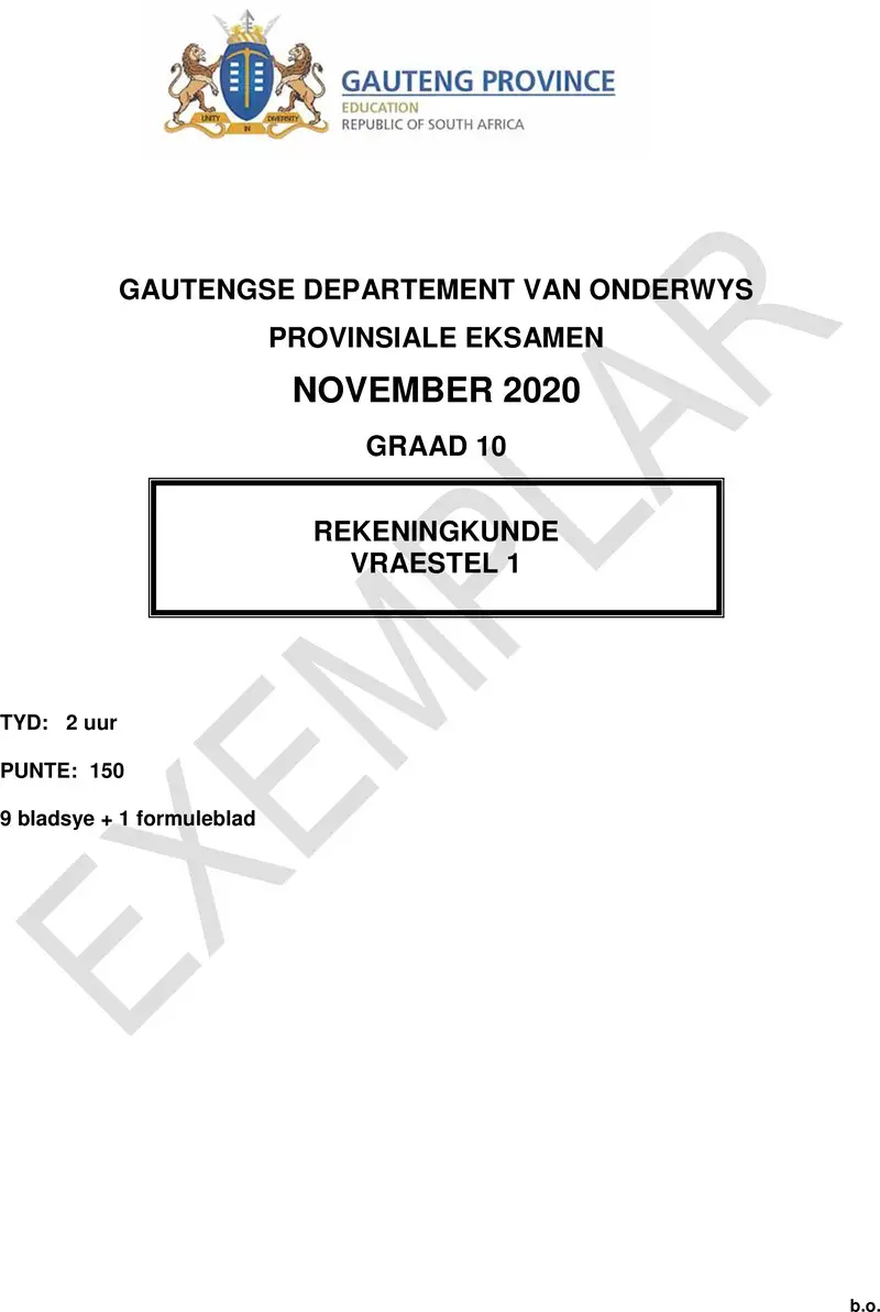 Grade 10 Accounting past paper 2020 – grade 10 provincial exam accounting p1 afr 2020 exemplars qp