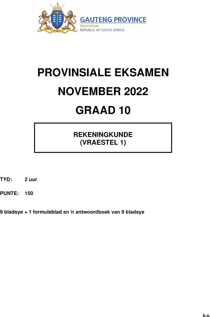 Grade 10 Accounting past paper 2022 – grade 10 provincial exam accounting p1 afr november 2022 qp