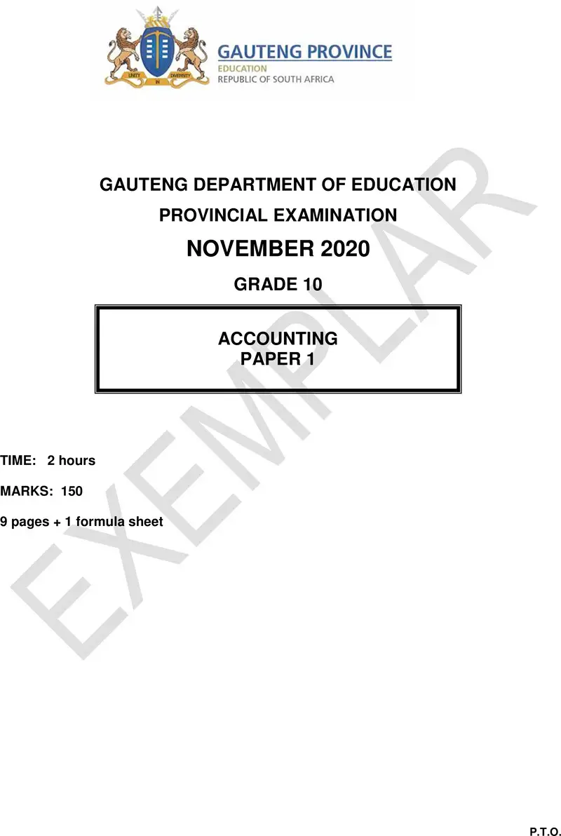 Grade 10 Accounting past paper 2020 – grade 10 provincial exam accounting p1 ng 2020 exemplars qp