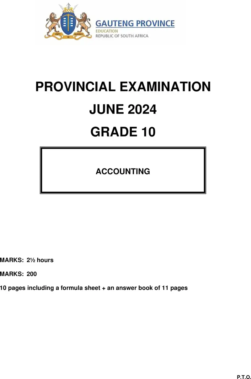 Grade 10 Accounting past paper 2024 – grade 10 provincial exam accounting p1 ng june 2024 qp