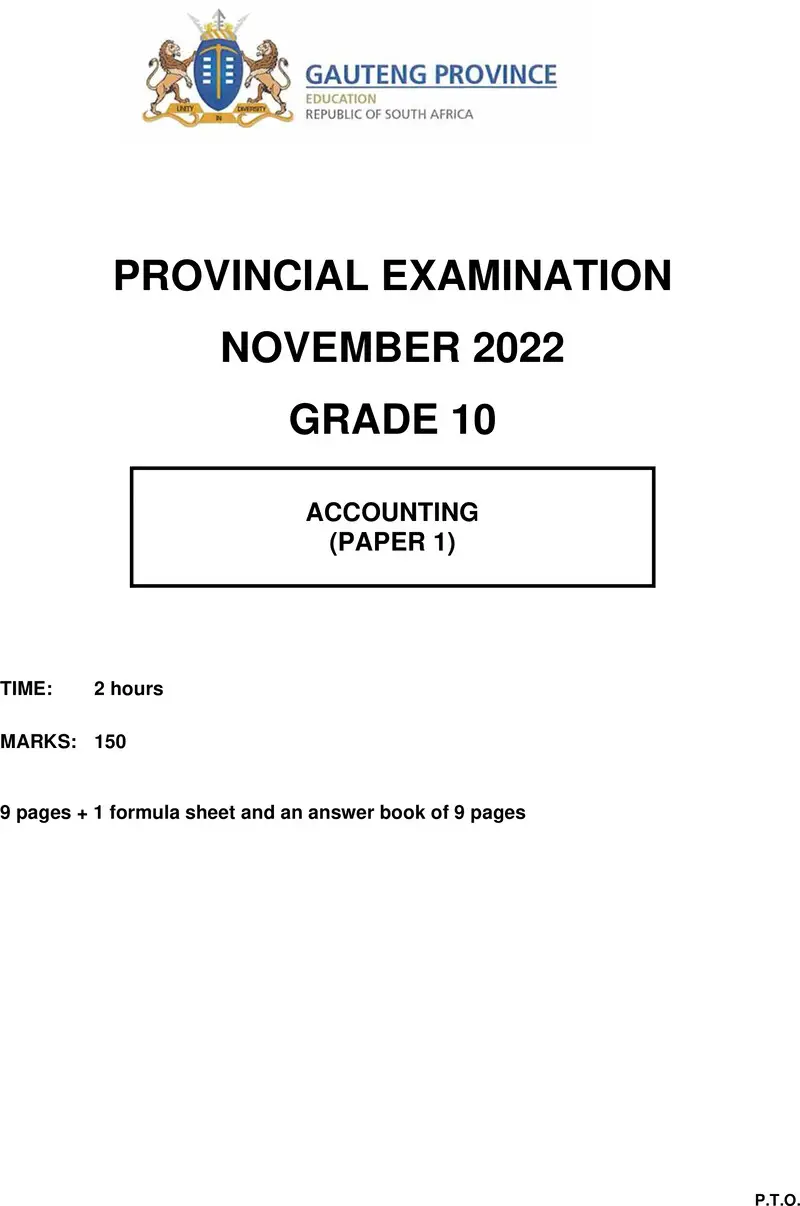 Grade 10 Accounting past paper 2022 – grade 10 provincial exam accounting p1 ng november 2022 qp