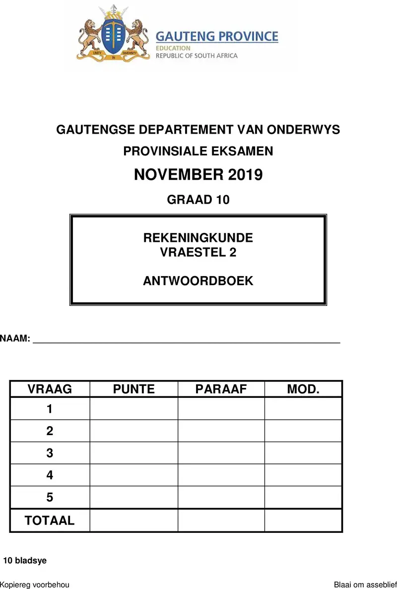 Grade 10 Accounting past paper 2019 – grade 10 provincial exam accounting p2 afr november 2019 answer book