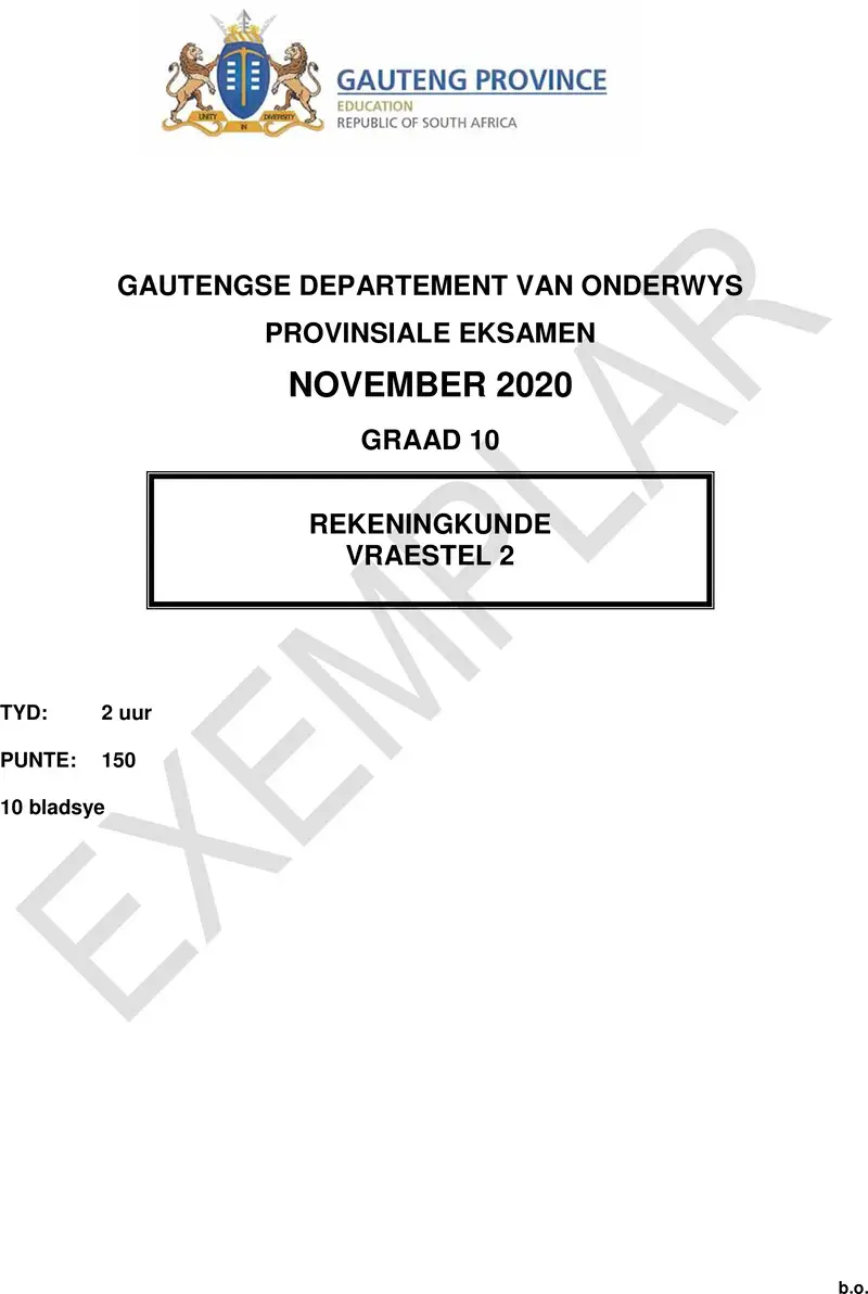 Grade 10 Accounting past paper 2020 – grade 10 provincial exam accounting p2 afr 2020 exemplars qp
