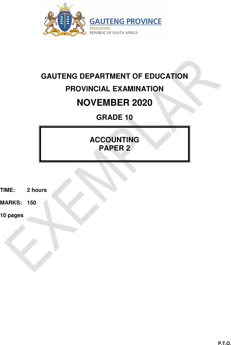 Grade 10 Accounting past paper 2020 – grade 10 provincial exam accounting p2 ng 2020 exemplars qp