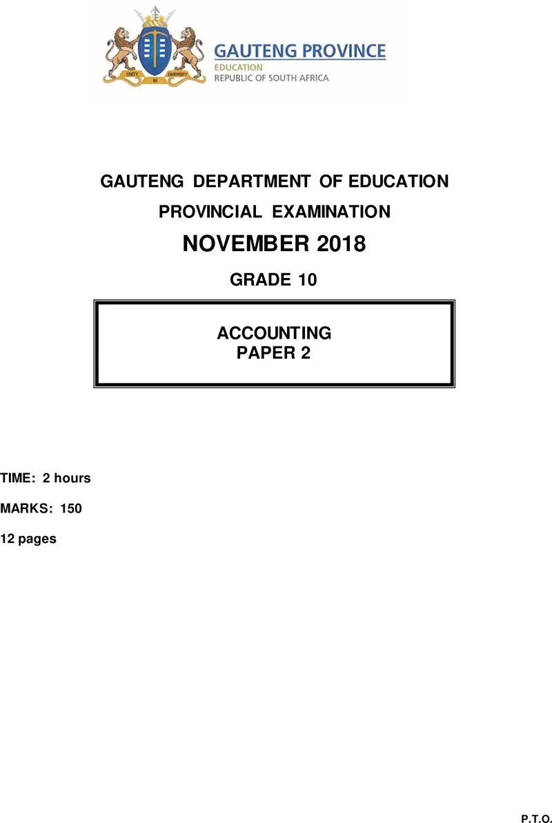 Grade 10 Accounting past paper 2018 – grade 10 provincial exam accounting p2 ng november 2018 qp