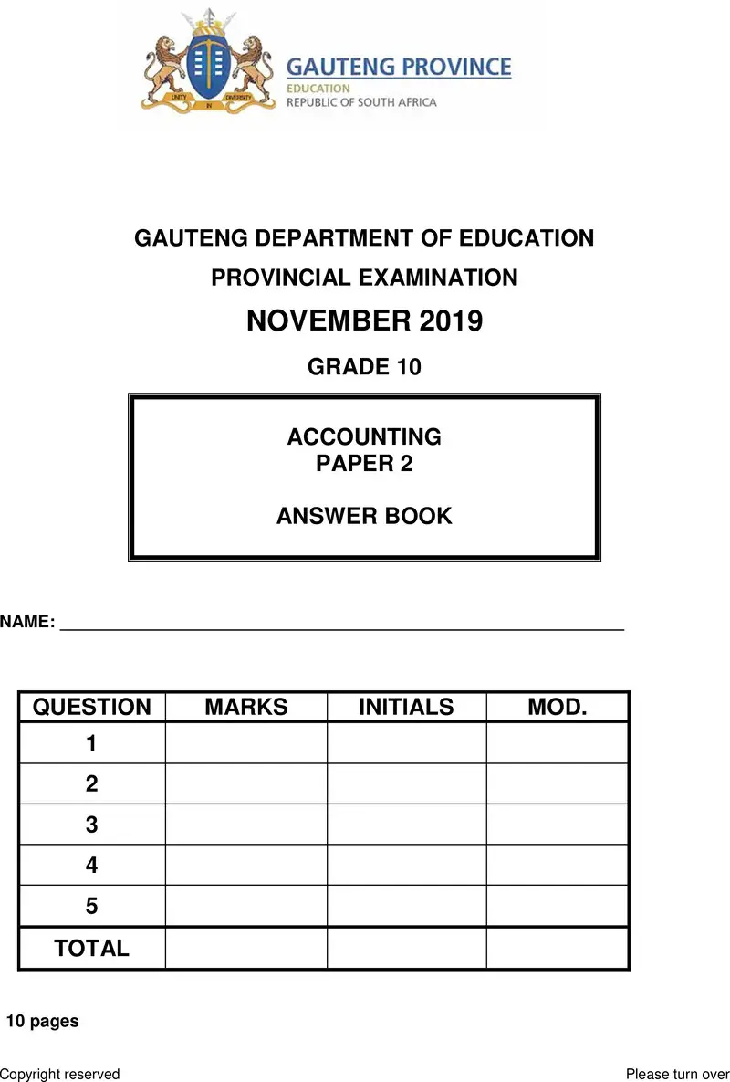 Grade 10 Accounting past paper 2019 – grade 10 provincial exam accounting p2 ng november 2019 answer book