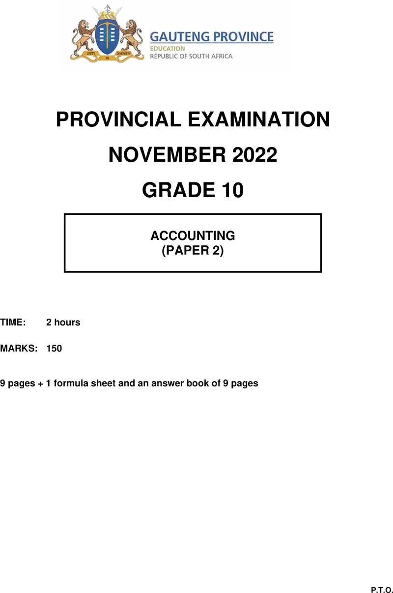 Grade 10 Accounting past paper 2022 – grade 10 provincial exam accounting p2 ng november 2022 qp