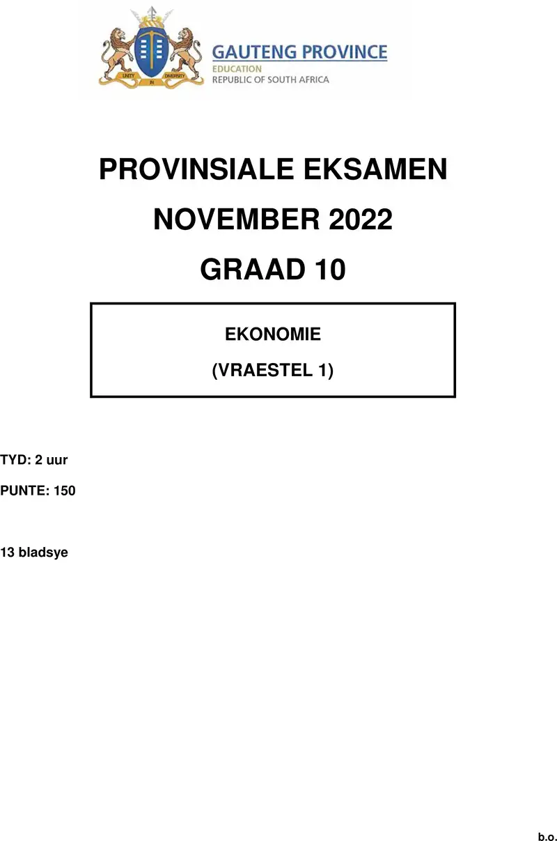 Grade 10 Economics past paper 2022 – grade 10 provincial exam economics p1 afr november 2022 qp