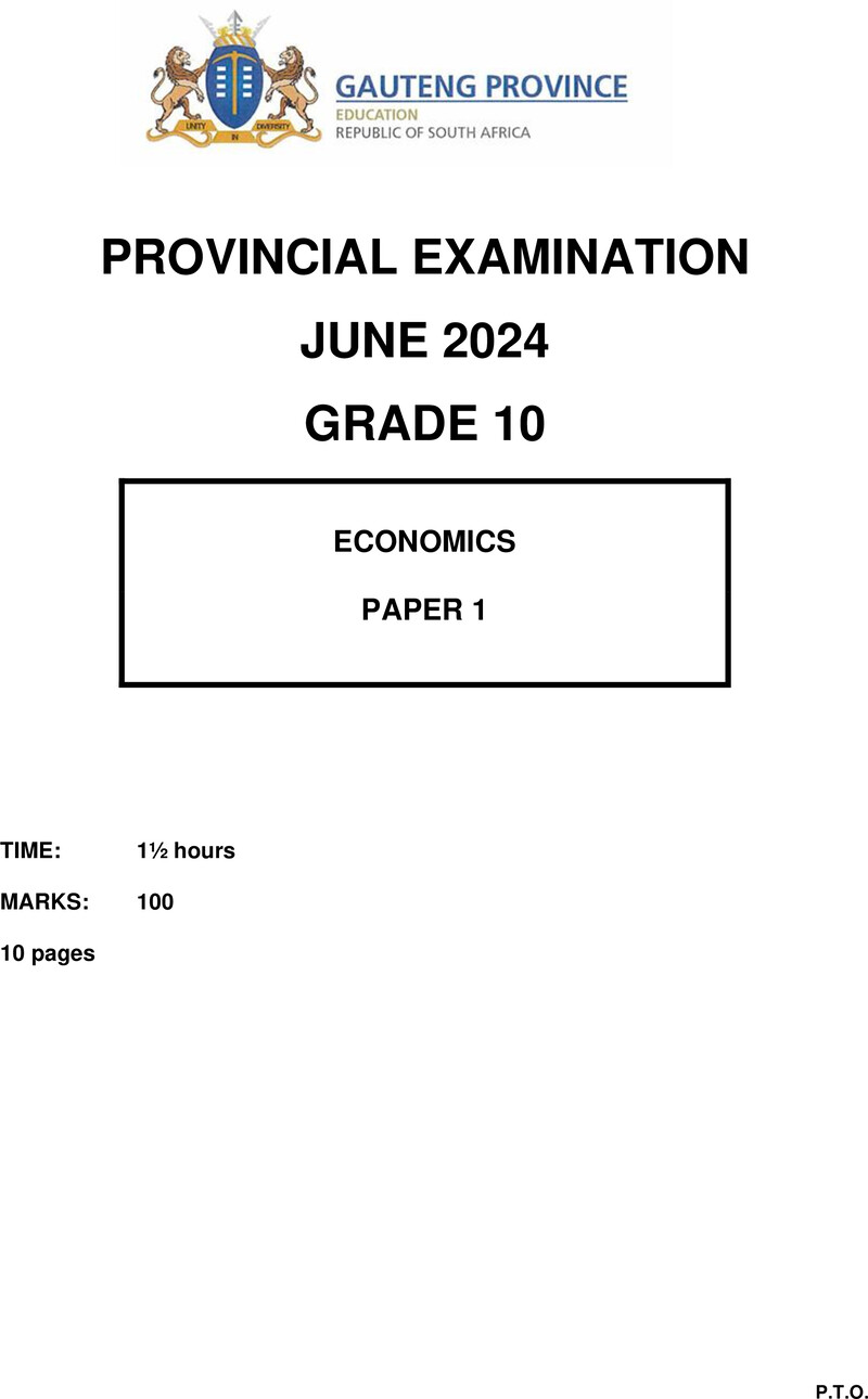 Grade 10 Economics past paper 2024 – grade 10 provincial exam economics p1 ng june 2024 qp